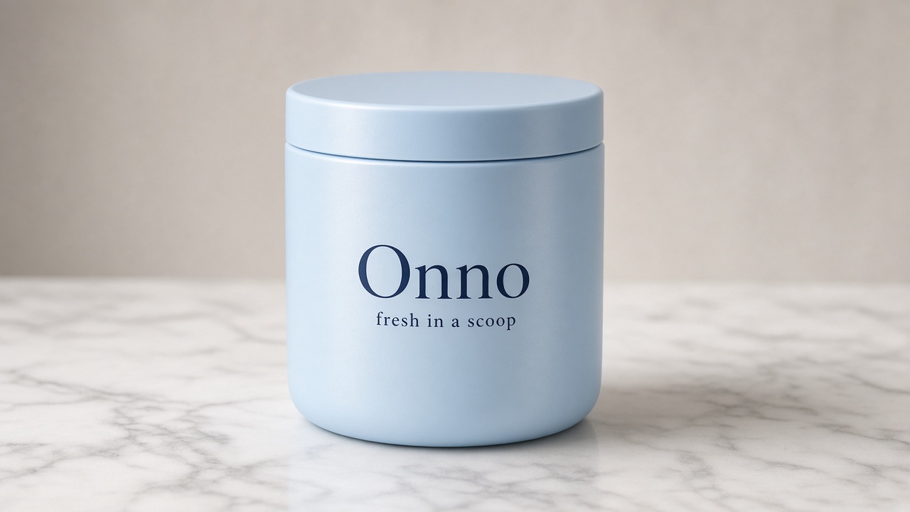 Quiet powder-blue jar of Onno with navy serif wordmark and the line fresh in a scoop — satin field, faint light-hit glint